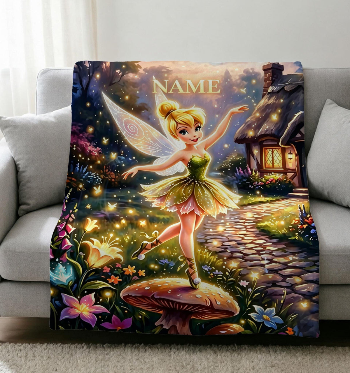 Personalized Tinker Bell Blanket Soft Throw, Fairy Cottage Art, Gift For Young Girls