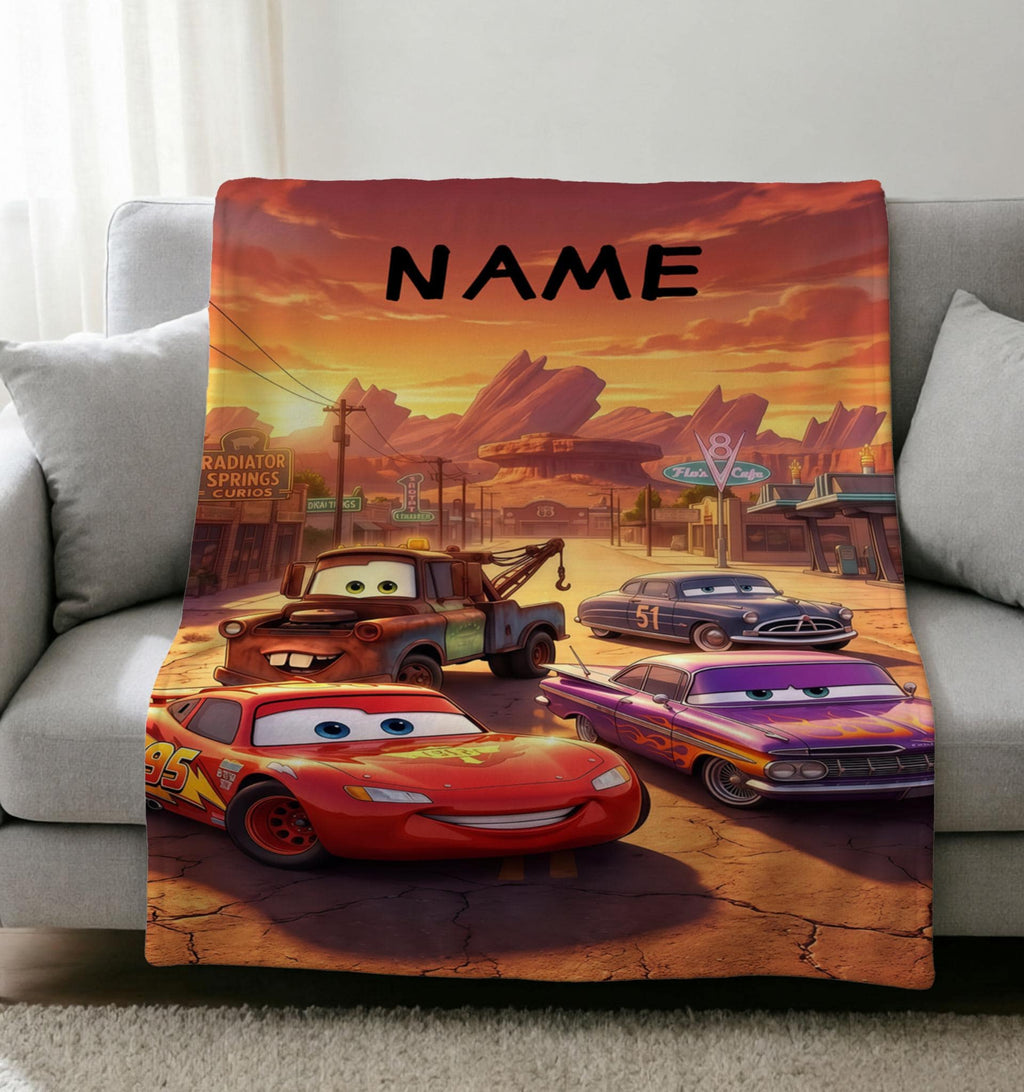 Personalized Cars Blanket Soft Throw, Radiator Springs Print, Gift For Young Racing Fans