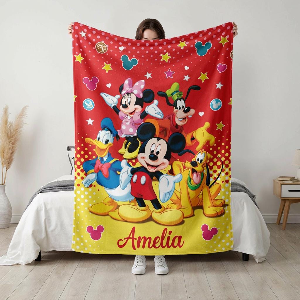 Personalized Mickey and Friends Blanket, Custom Name Kids Fleece Blanket, Cartoon Character Throw Blanket, Birthday Gift, Kids Room Decor