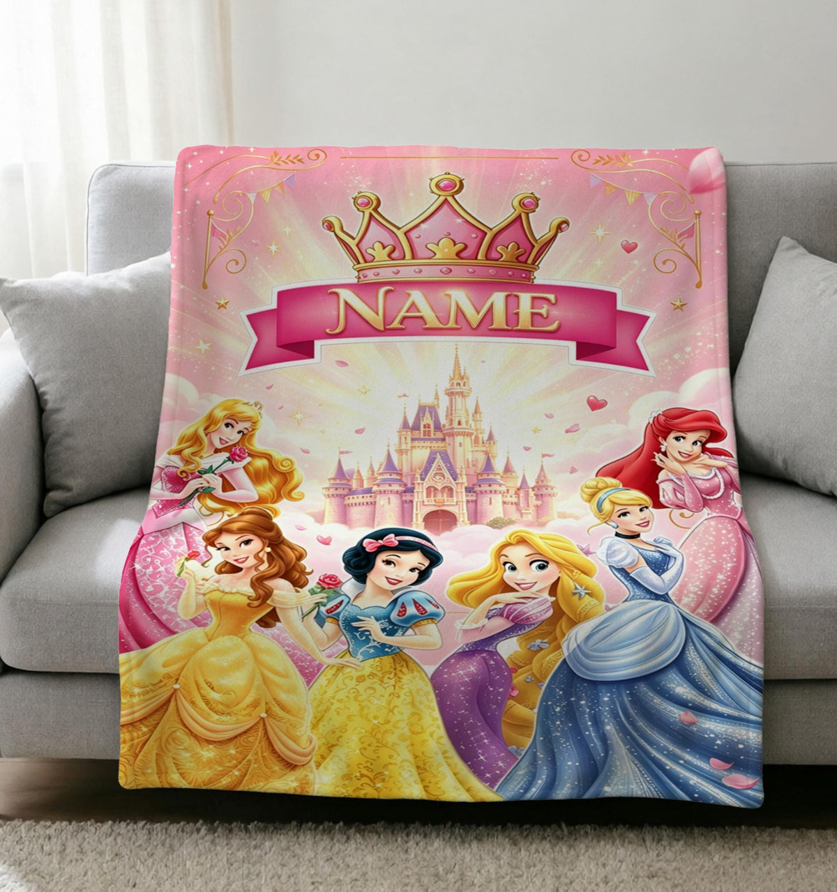 Royal Disney Princess Blanket Soft Throw, Personalized Castle Cover For Kid Fans