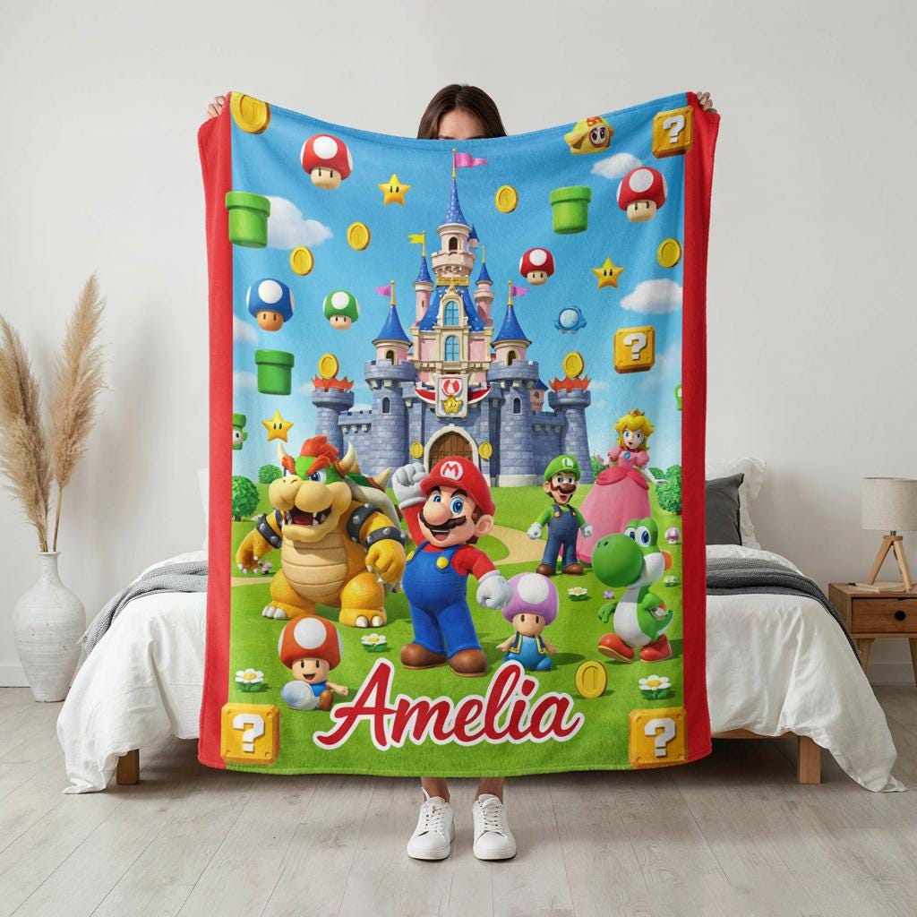 Personalized Mario Bros Blanket, Super Mario Character Fleece Blanket, Custom Name Gaming Blanket, Kids Birthday Gift, Gamer Room Decor