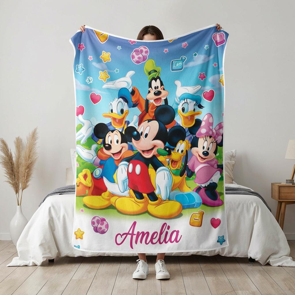 Personalized Mickey and Friends Blanket, Custom Name Fleece Blanket, Kids Cartoon Throw Blanket, Disney Inspired Baby Gift