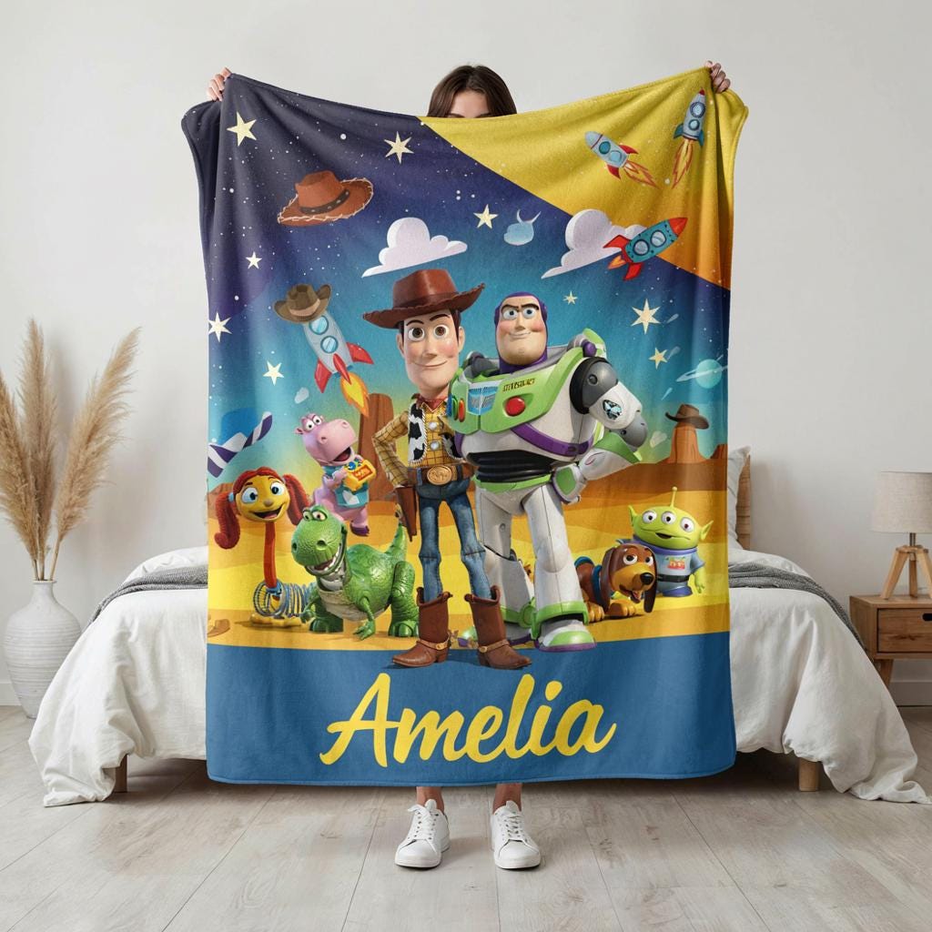 Personalized Toy Story Blanket, Custom Name Fleece Blanket, Kids Character Throw, Space Adventure Baby Blanket, Birthday Gift for Kids