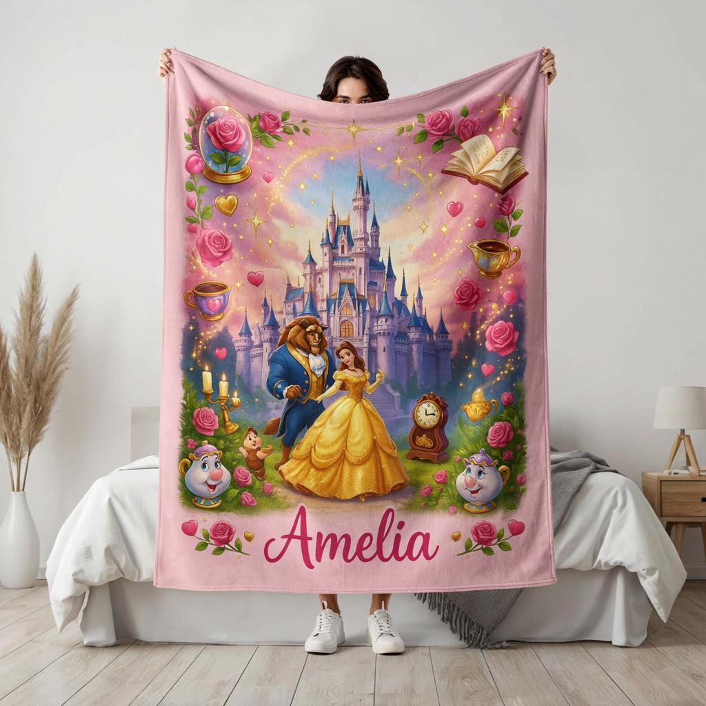 Beauty and the Beast Inspired Blanket, Personalized Princess Castle Blanket, Enchanted Rose Baby Blanket, Custom Name Girl Gift