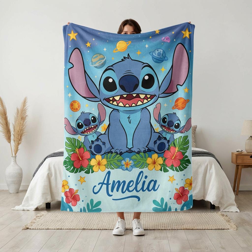 Stitch Inspired Baby Blanket, Personalized Blue Alien Blanket, Space Galaxy Nursery Blanket, Custom Name Kids Blanket, Cute Birthday Gift
