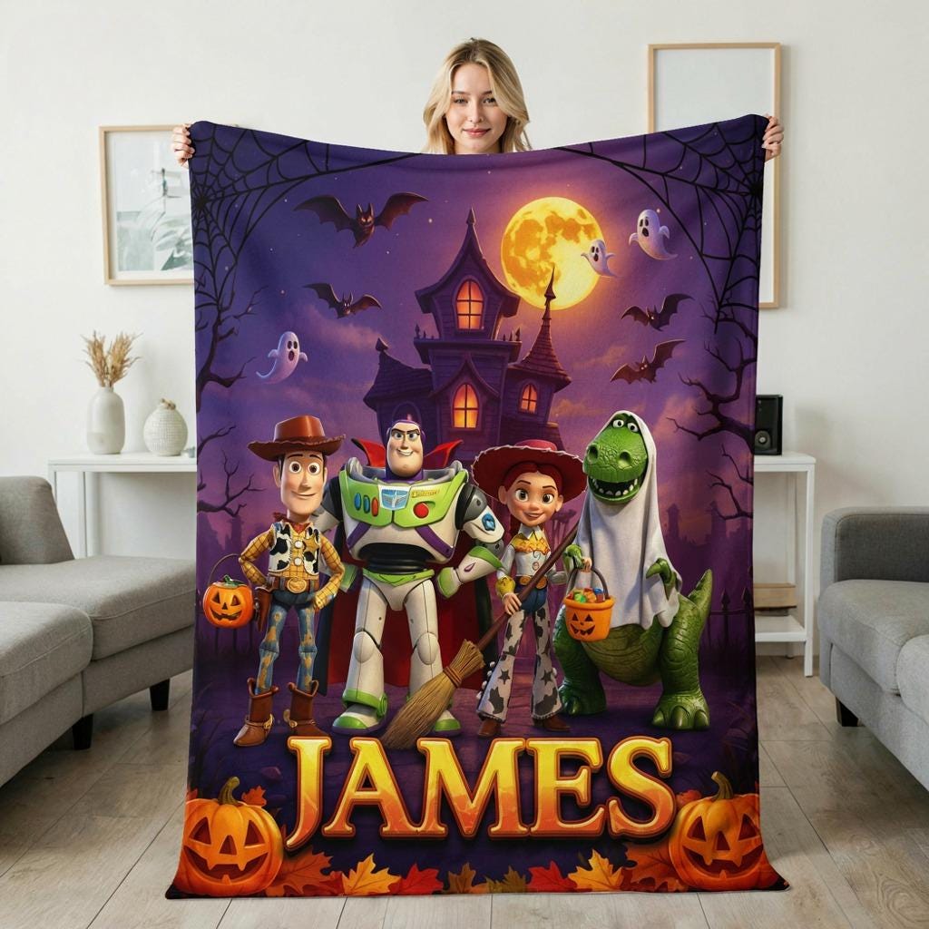 Toy Story Halloween Blanket, Personalized Kids Blanket, Spooky Pumpkin Character Blanket, Custom Name Baby Gift, Halloween Nursery Decor