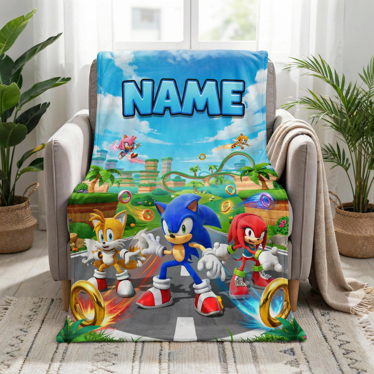 Sonic Inspired Blanket, Personalized Kids Blanket, Blue Hedgehog Gaming Blanket, Custom Name Baby Blanket, Boys Birthday Gift, Gamer Nursery