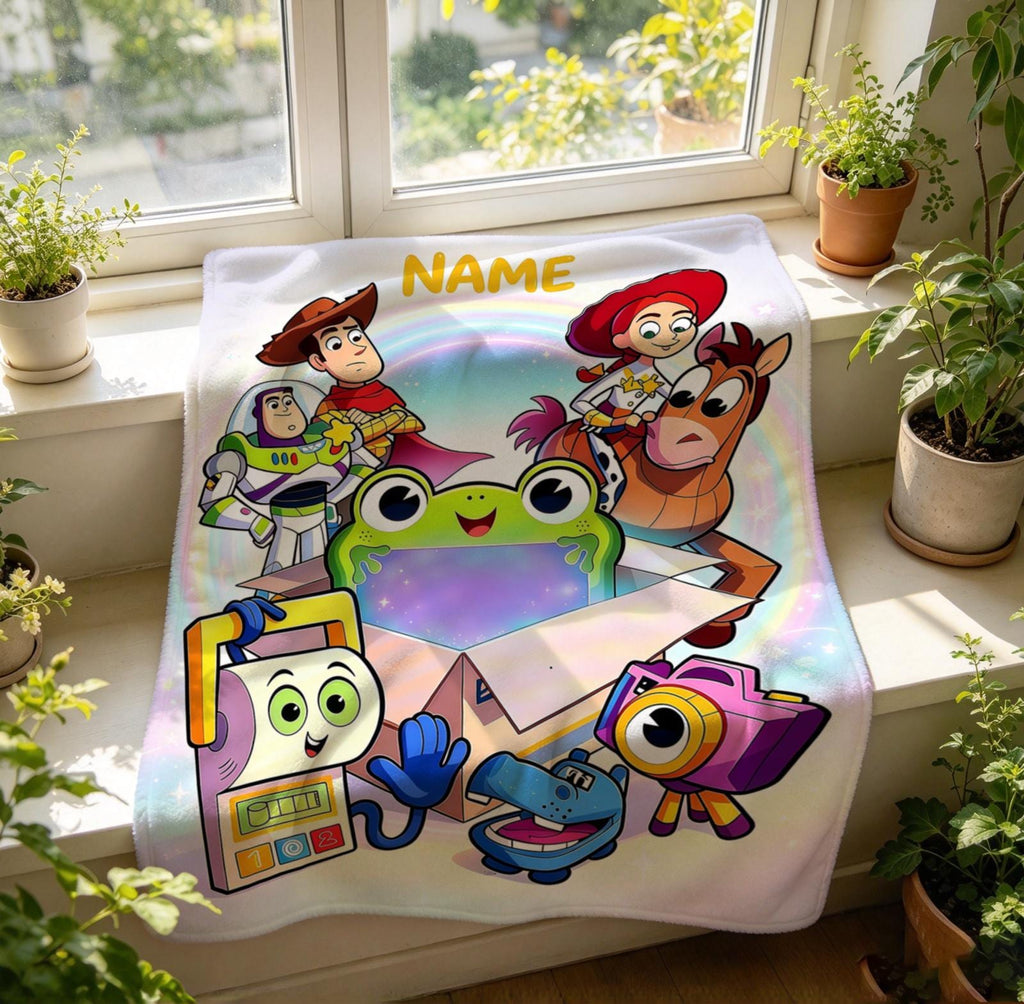 Personalized Toy Story Blanket Soft Throw, Rainbow Character Art, Gift For Little Cartoon Admirers