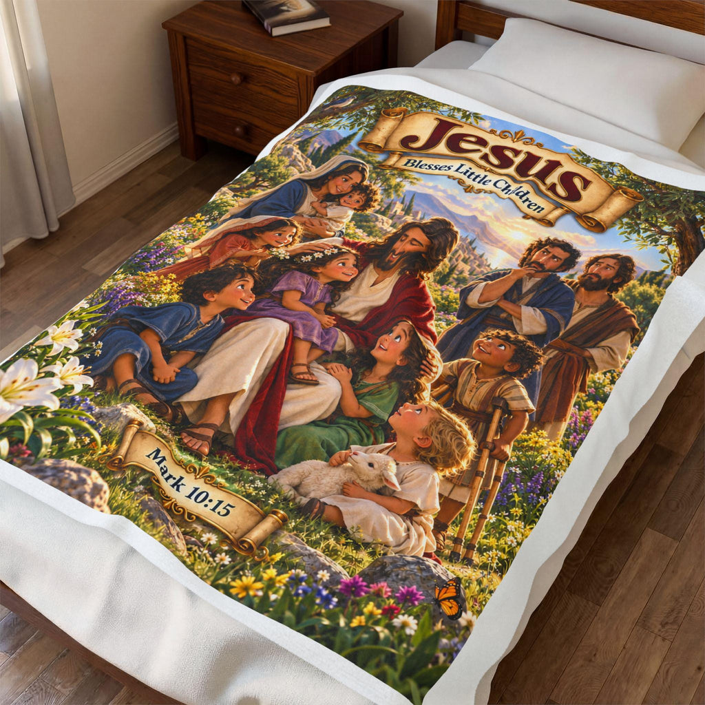 Jesus Blesses Children Blanket | Mark 10:15 Bible Story, Christian Kids Gift