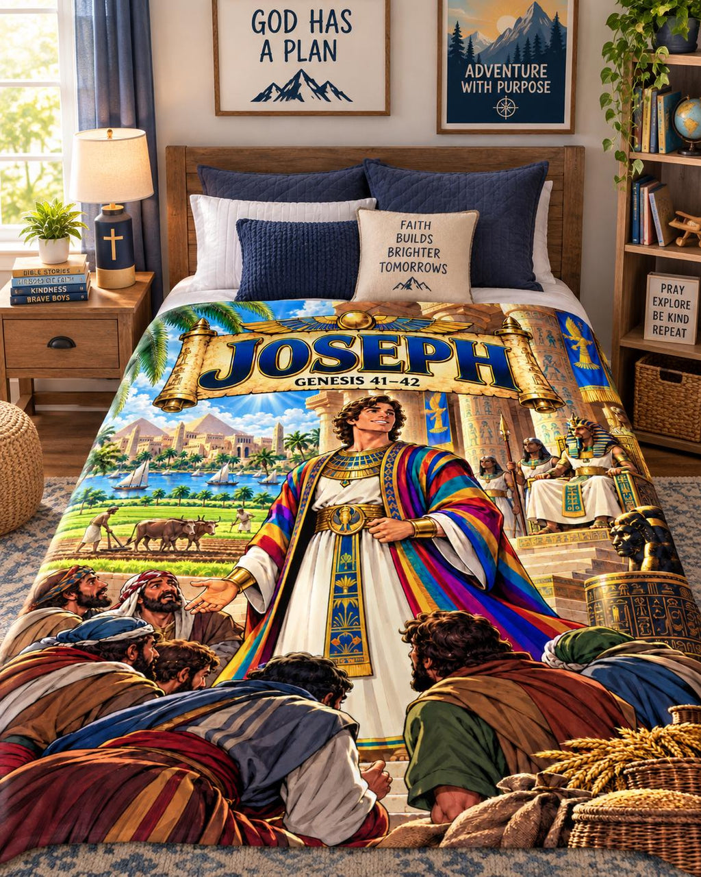Joseph Bible Story Blanket | Genesis 41-42 Christian Kids Gift | Faith Bedroom Decor