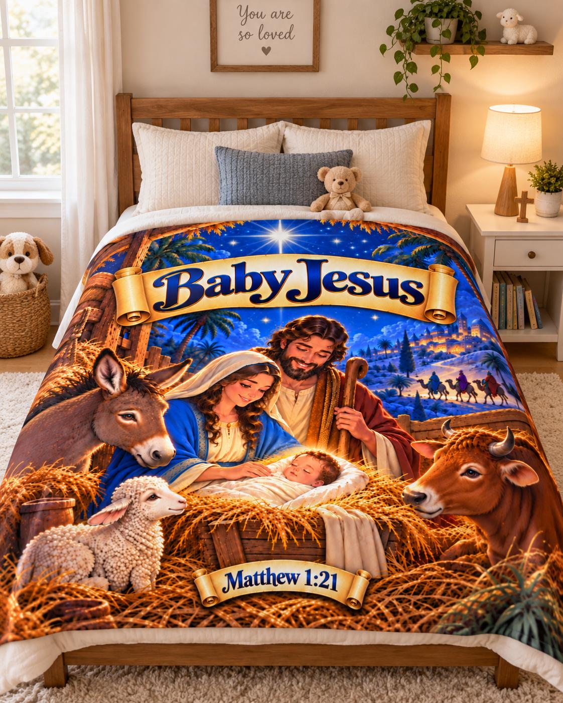 Baby Jesus Nativity Scene Velveteen Plush Blanket | Matthew 1:21 Christmas Throw