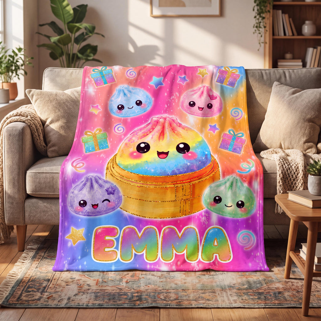 Personalized Kawaii Blanket for Kids, Custom Name Flannel Throw, Rainbow Dumpling Bao, Fidget Toy Sensory Blanket, Birthday Gift for Girls
