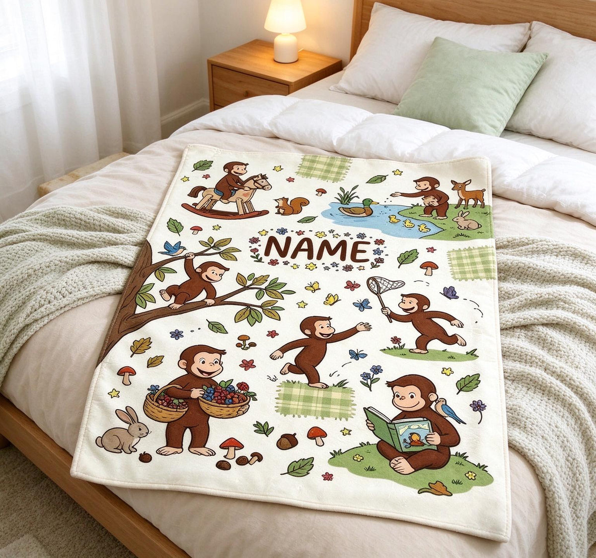 Custom Name Curious George Blanket Soft Throw Plush Woodland Keepsake Gift