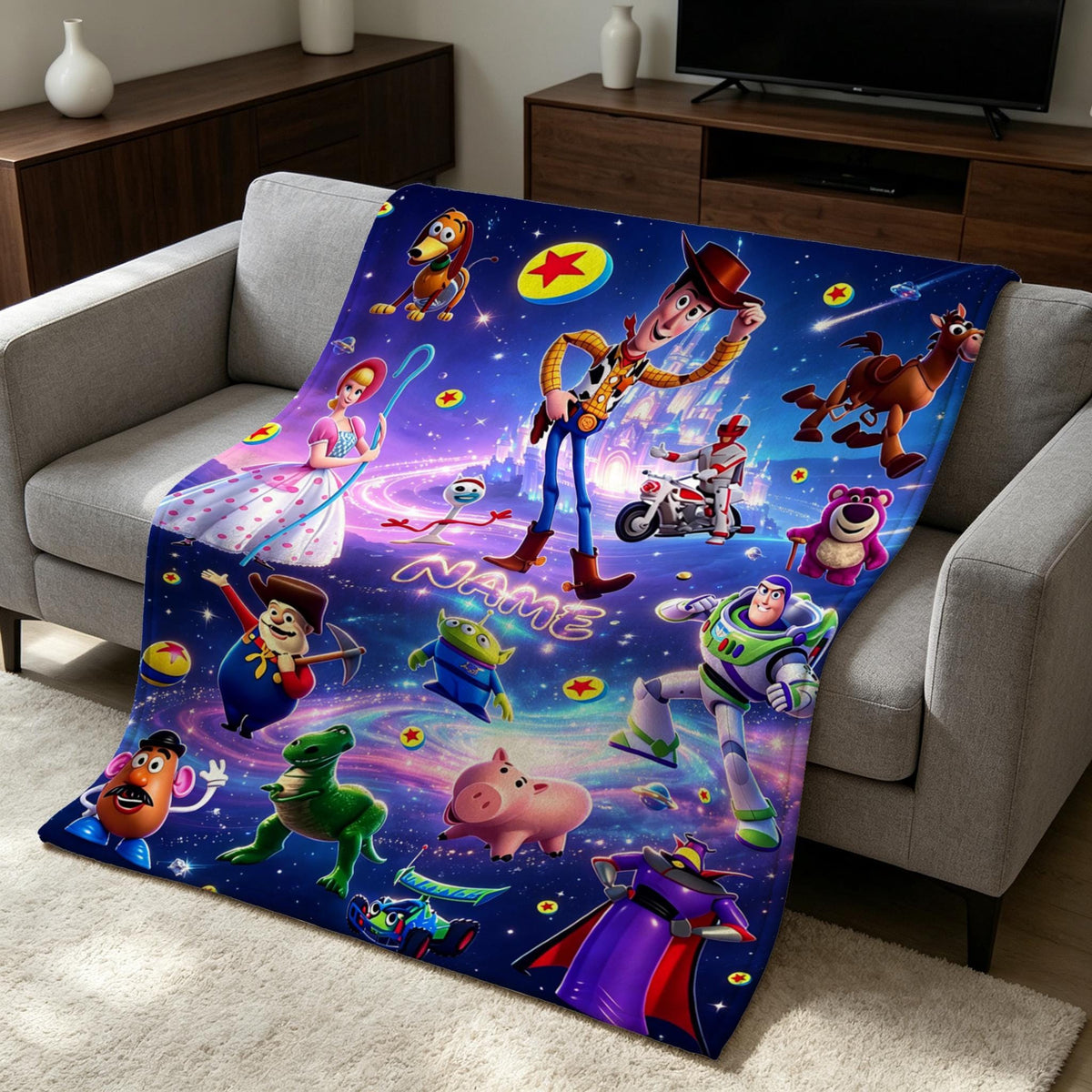 Toy Story Blanket Soft Throw Custom Name, Galaxy Themed Kid Birthday Gift